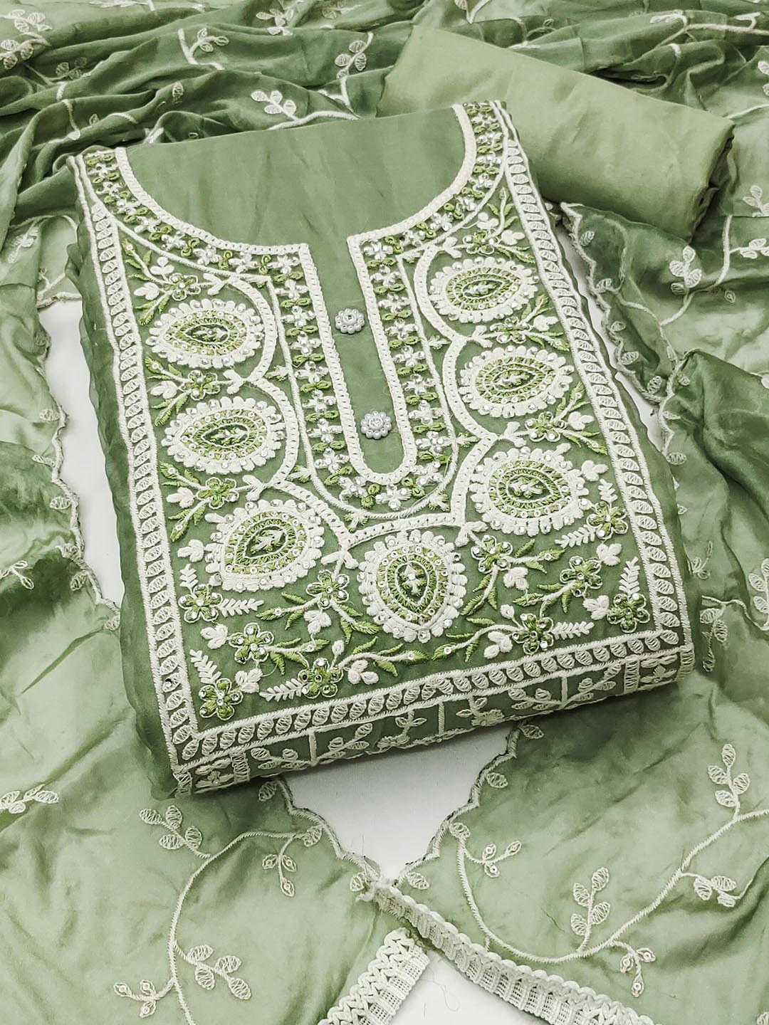 

MANVAA Ethnic Motifs Embroidered Organza Unstitched Dress Material, Sea green