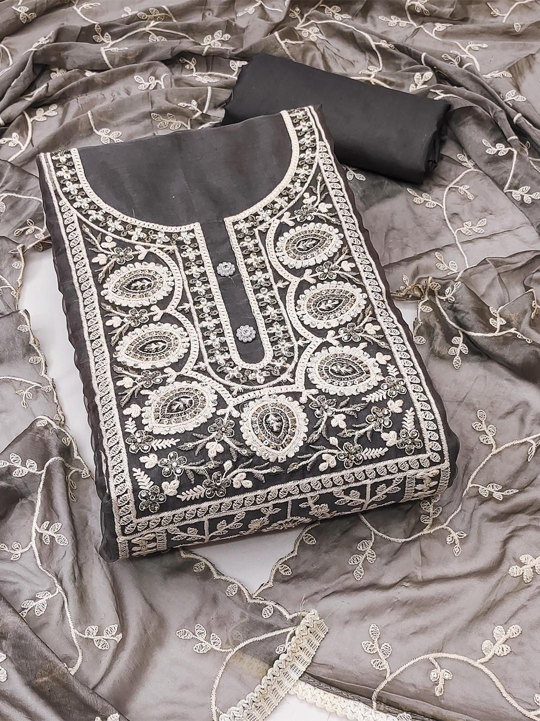 

MANVAA Ethnic Motifs Embroidered Sequinned Organza Unstitched Dress Material, Grey