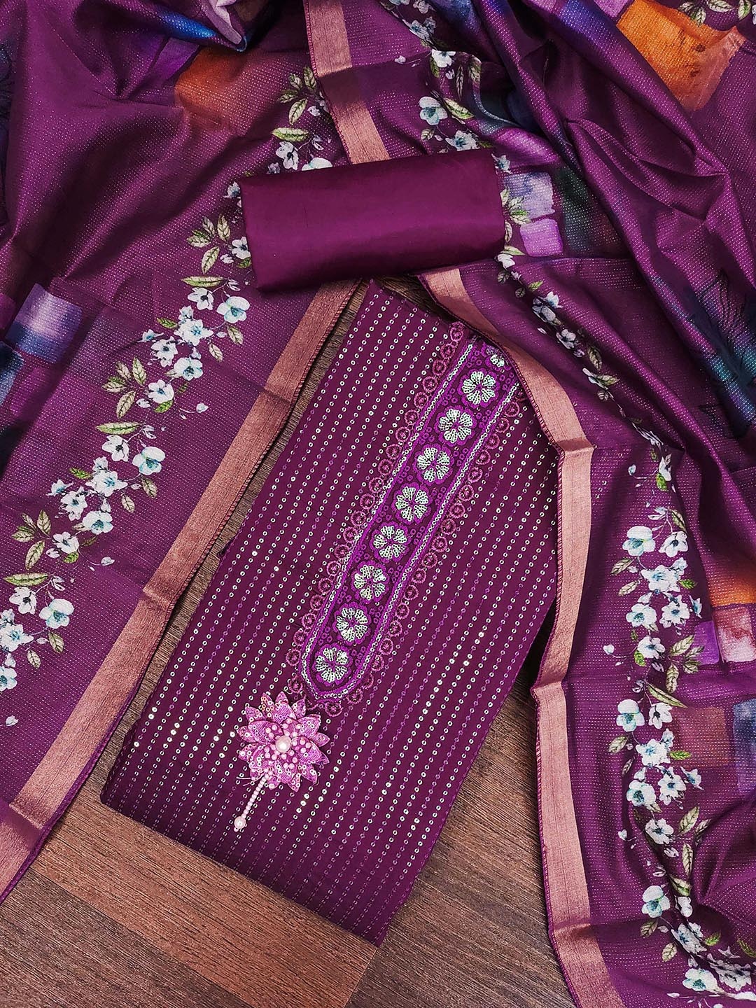 

MANVAA Floral Embroidered Sequinned Unstitched Dress Material, Violet