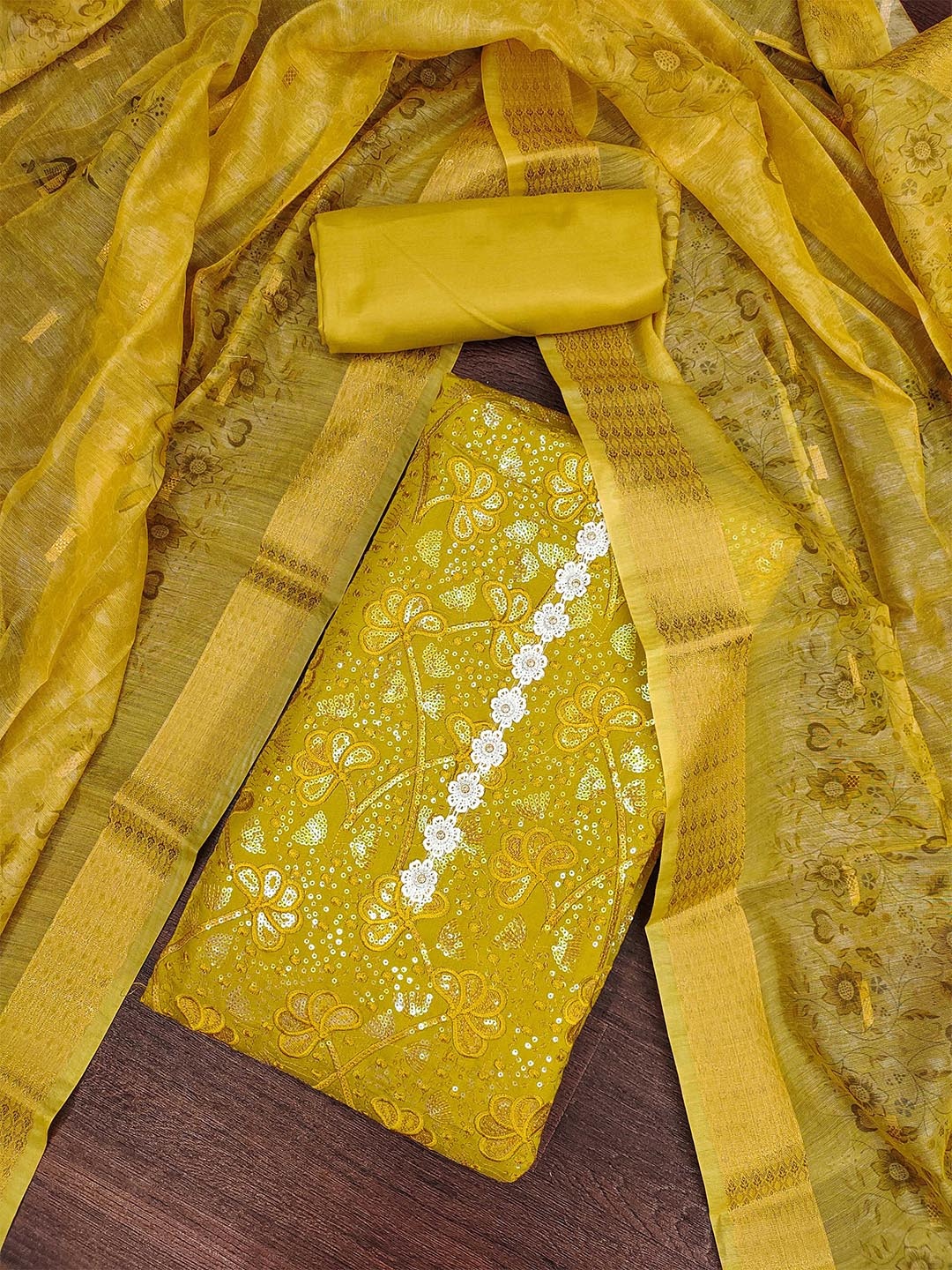 

MANVAA Floral Embroidered Sequinned Unstitched Dress Material, Yellow