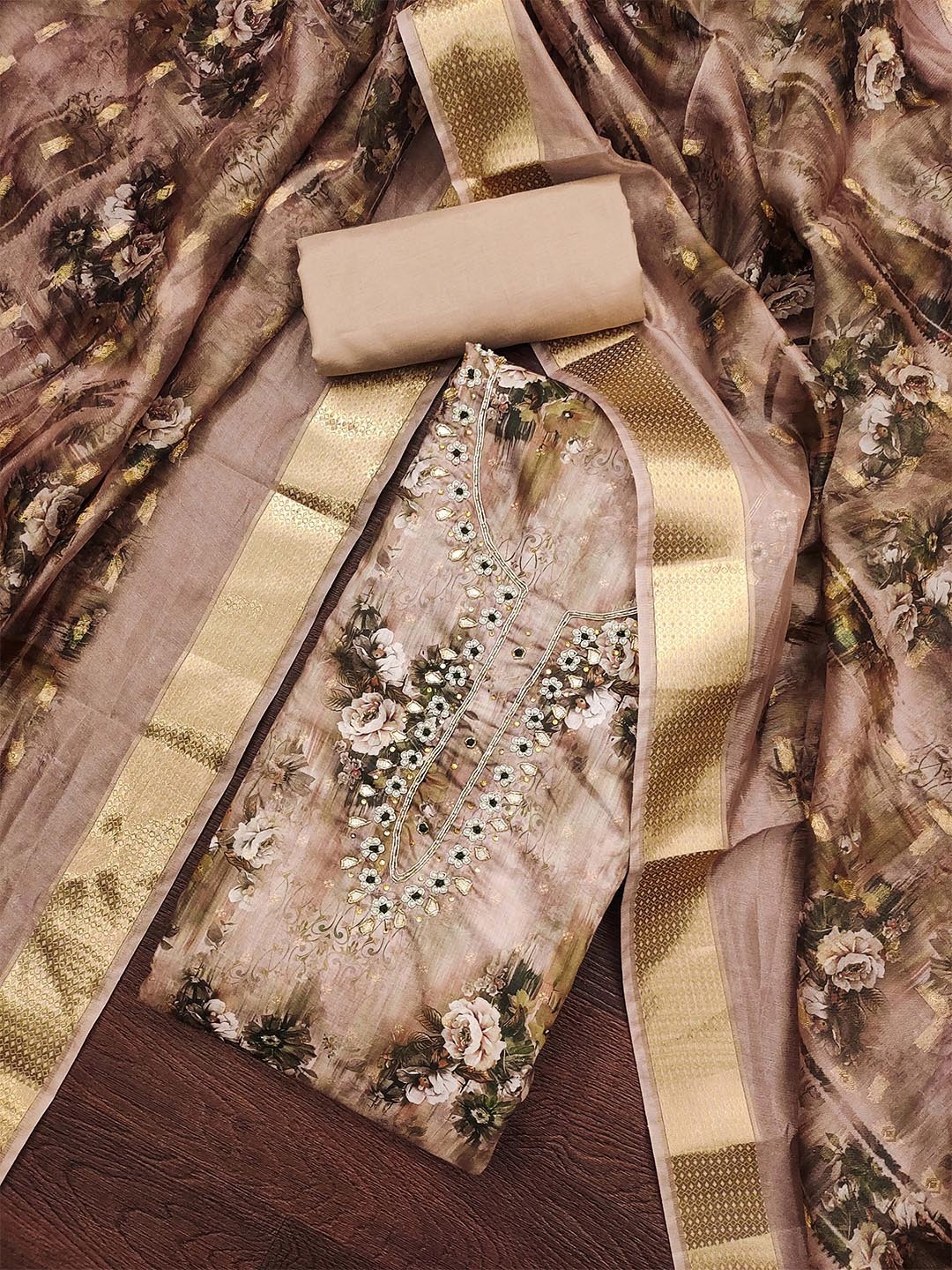 

MANVAA Floral Printed Beads and Stones Unstitched Dress Material, Brown