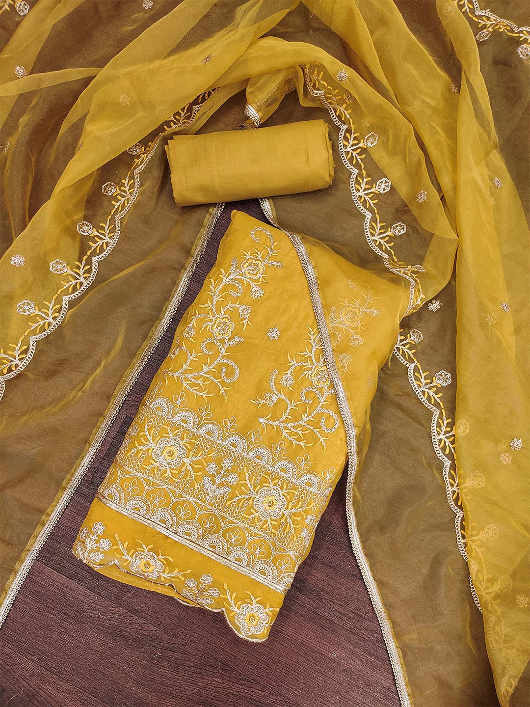 

MANVAA Floral Embroidered Sequinned Unstitched Dress Material, Mustard