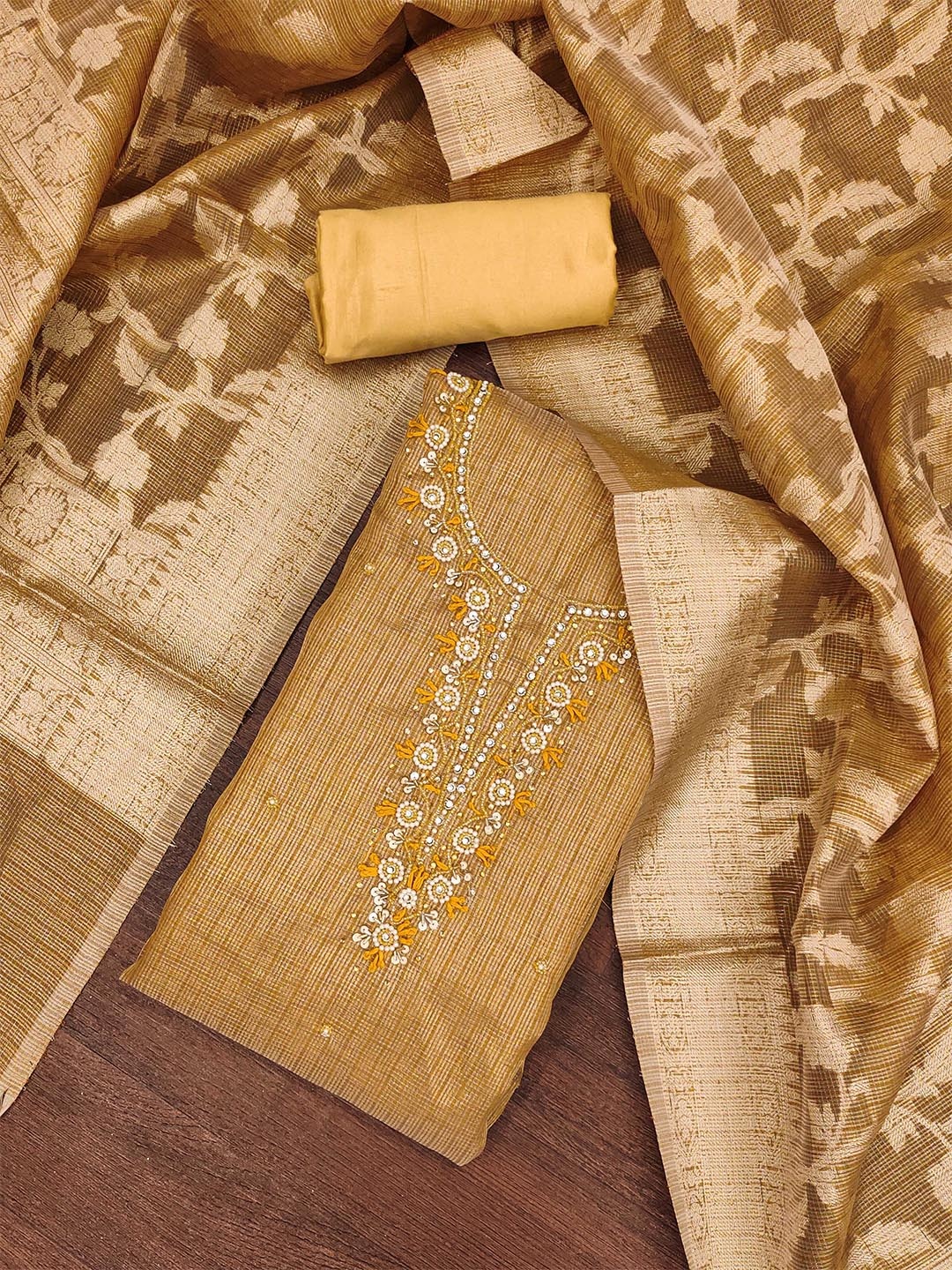 

MANVAA Floral Embroidered Beads and Stones Unstitched Dress Material, Beige