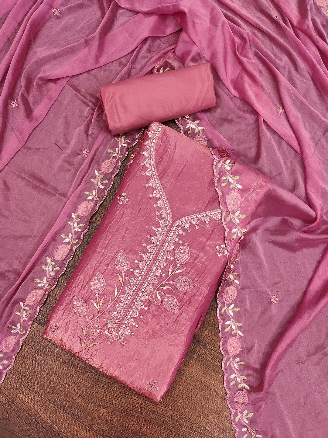 

MANVAA Floral Embroidered Sequinned Unstitched Dress Material, Magenta
