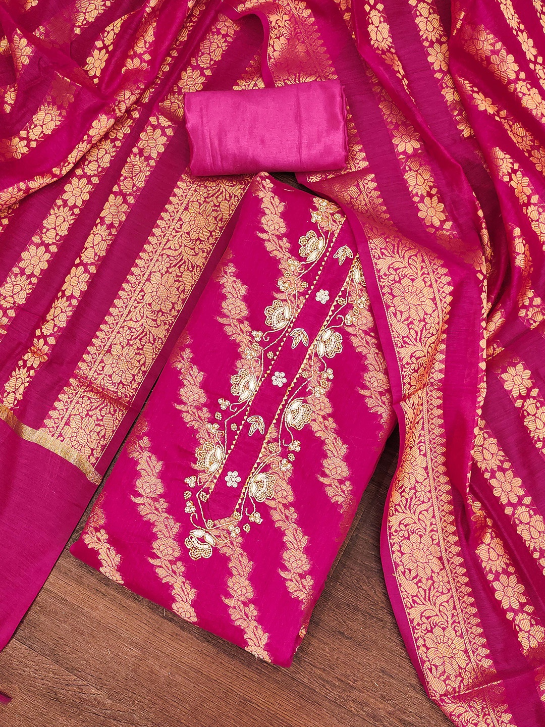 

MANVAA Floral Woven Design Beads and Stones Unstitched Dress Material, Pink