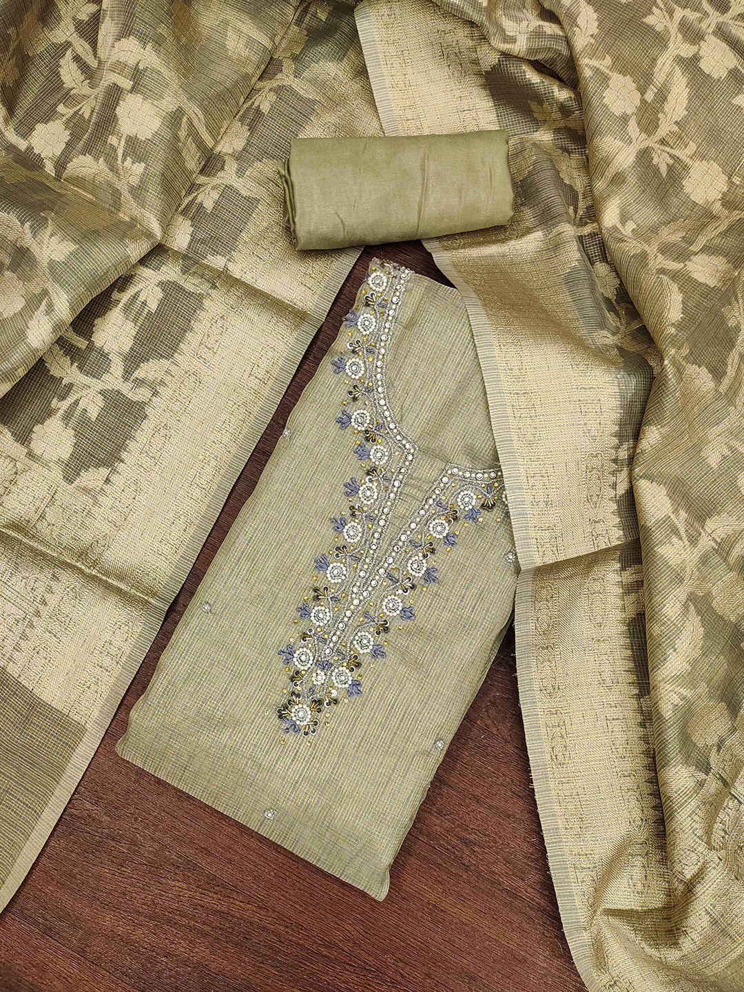 

MANVAA Floral Embroidered Beads and Stones Unstitched Dress Material, Sea green