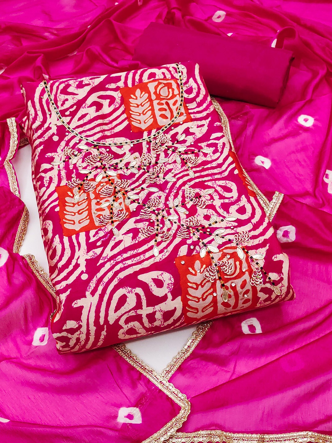 

MANVAA Ethnic Motifs Printed Beads and Stones Unstitched Dress Material, Pink