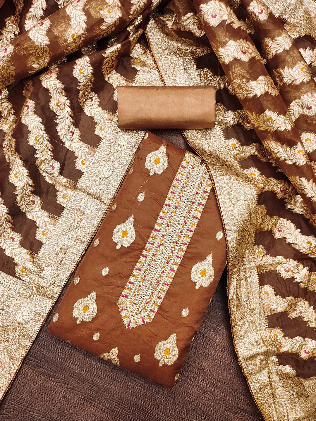 

MANVAA Ethnic Motifs Woven Design Organza Unstitched Dress Material, Brown