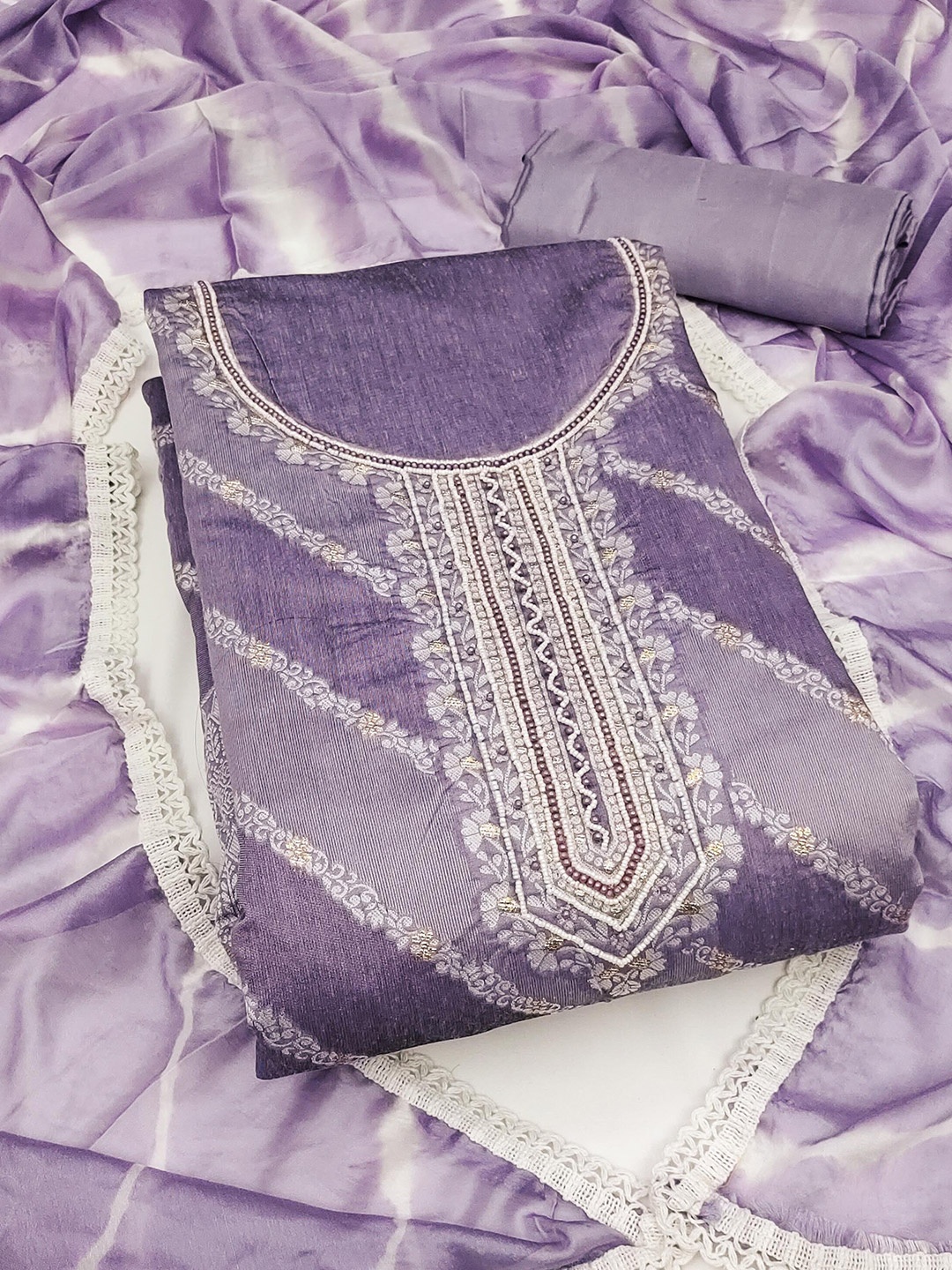 

MANVAA Floral Woven Design Beads and Stones Unstitched Dress Material, Lavender
