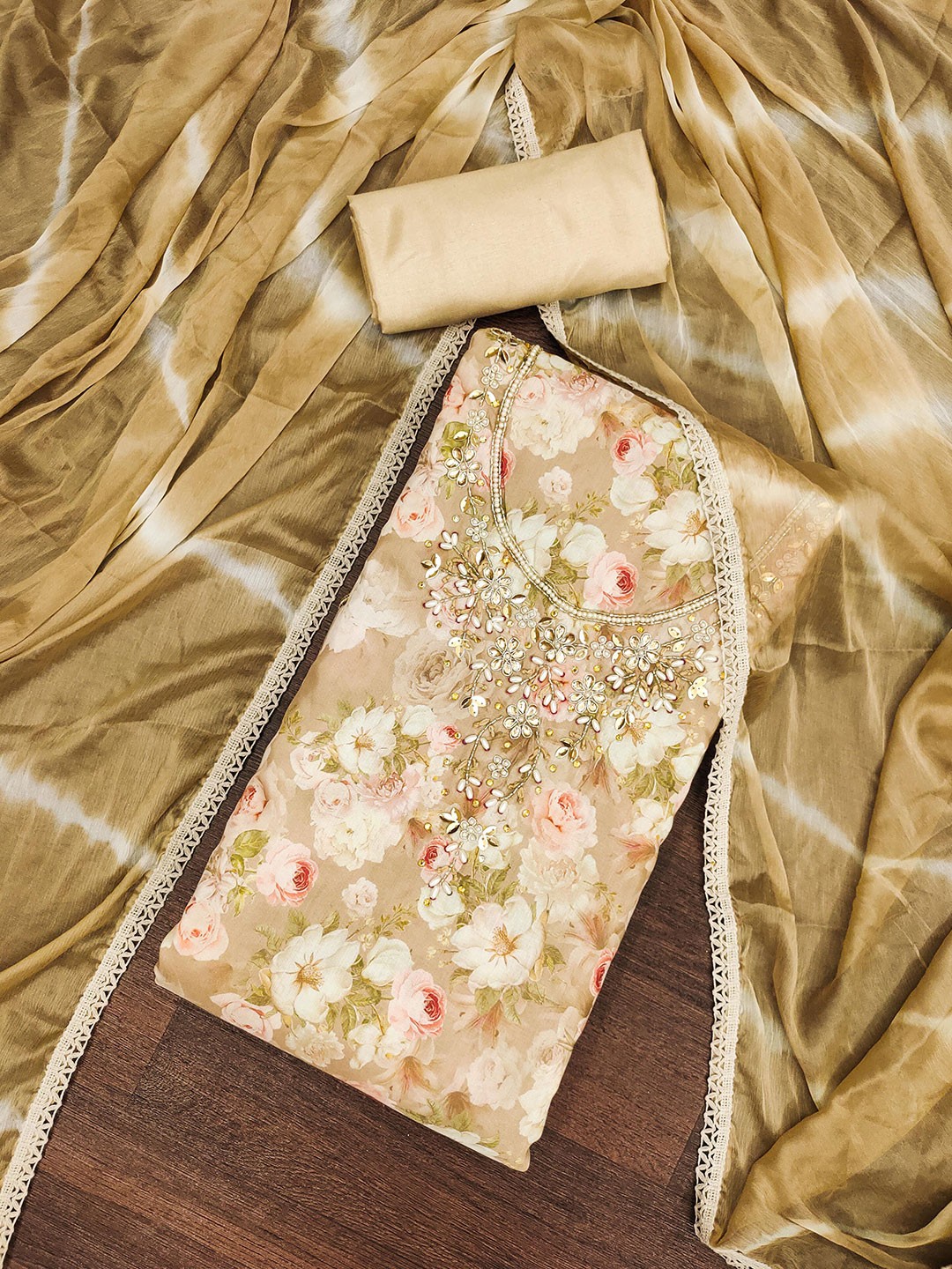 

MANVAA Floral Printed Beads and Stones Unstitched Dress Material, Beige