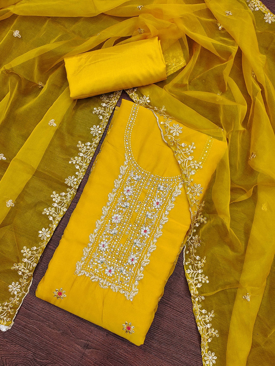 

MANVAA Floral Embroidered Beads and Stones Organza Unstitched Dress Material, Yellow