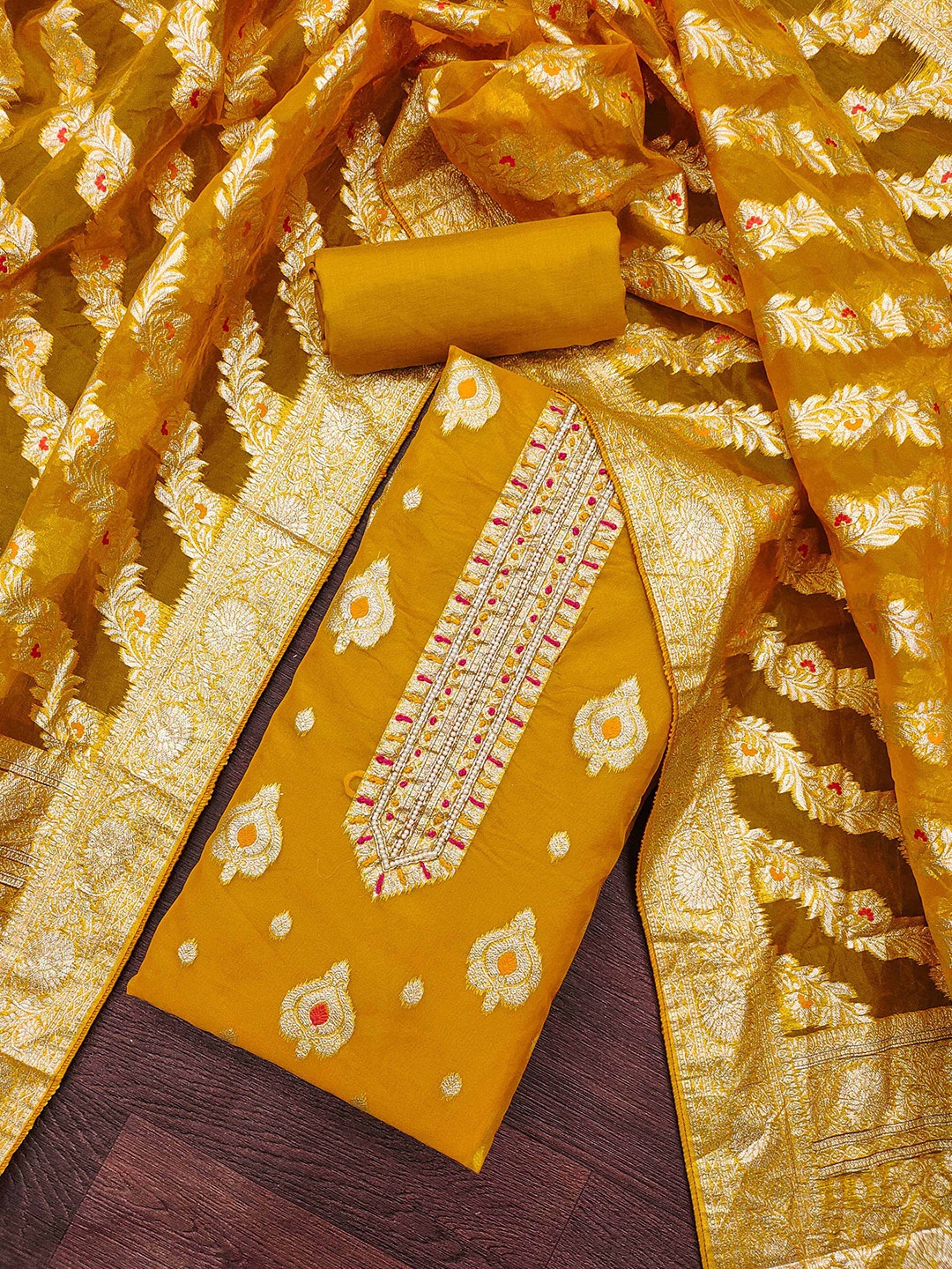 

MANVAA Ethnic Motifs Woven Design Organza Unstitched Dress Material, Yellow