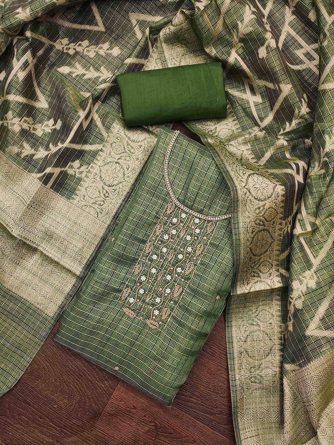 

MANVAA Floral Embroidered Beads and Stones Unstitched Dress Material, Green