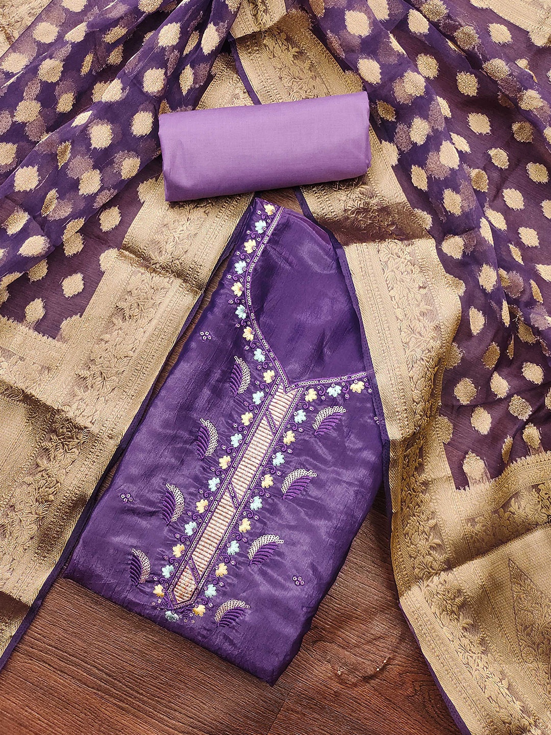 

MANVAA Floral Embroidered Sequinned Unstitched Dress Material, Purple