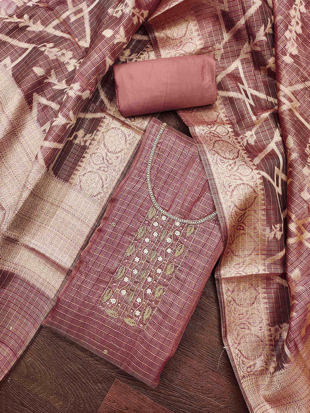 

MANVAA Floral Embroidered Beads and Stones Unstitched Dress Material, Lavender