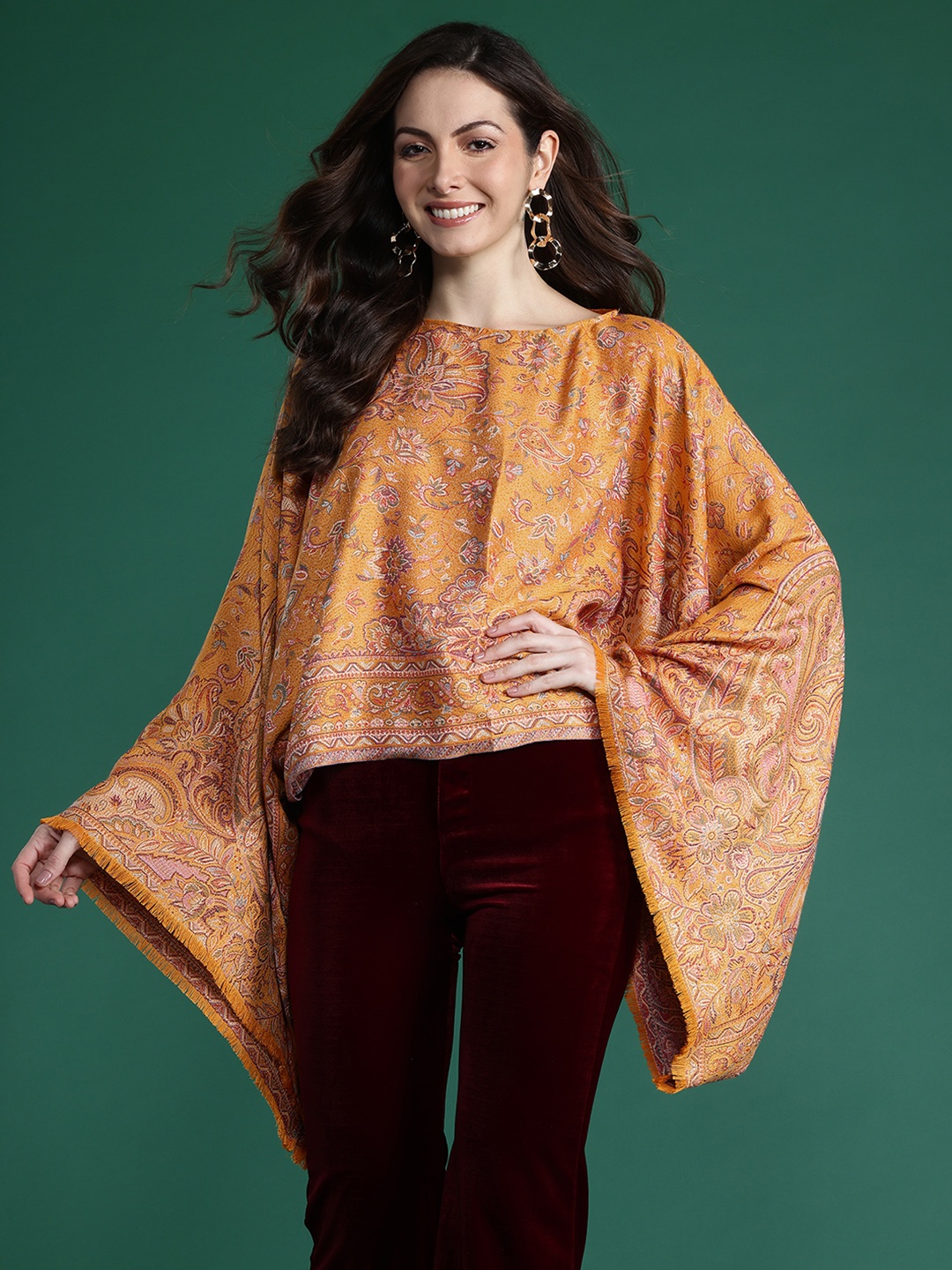 

Sangria Indie Floral Woven Design Flared Kimono Sleeve Kaftan Top, Mustard