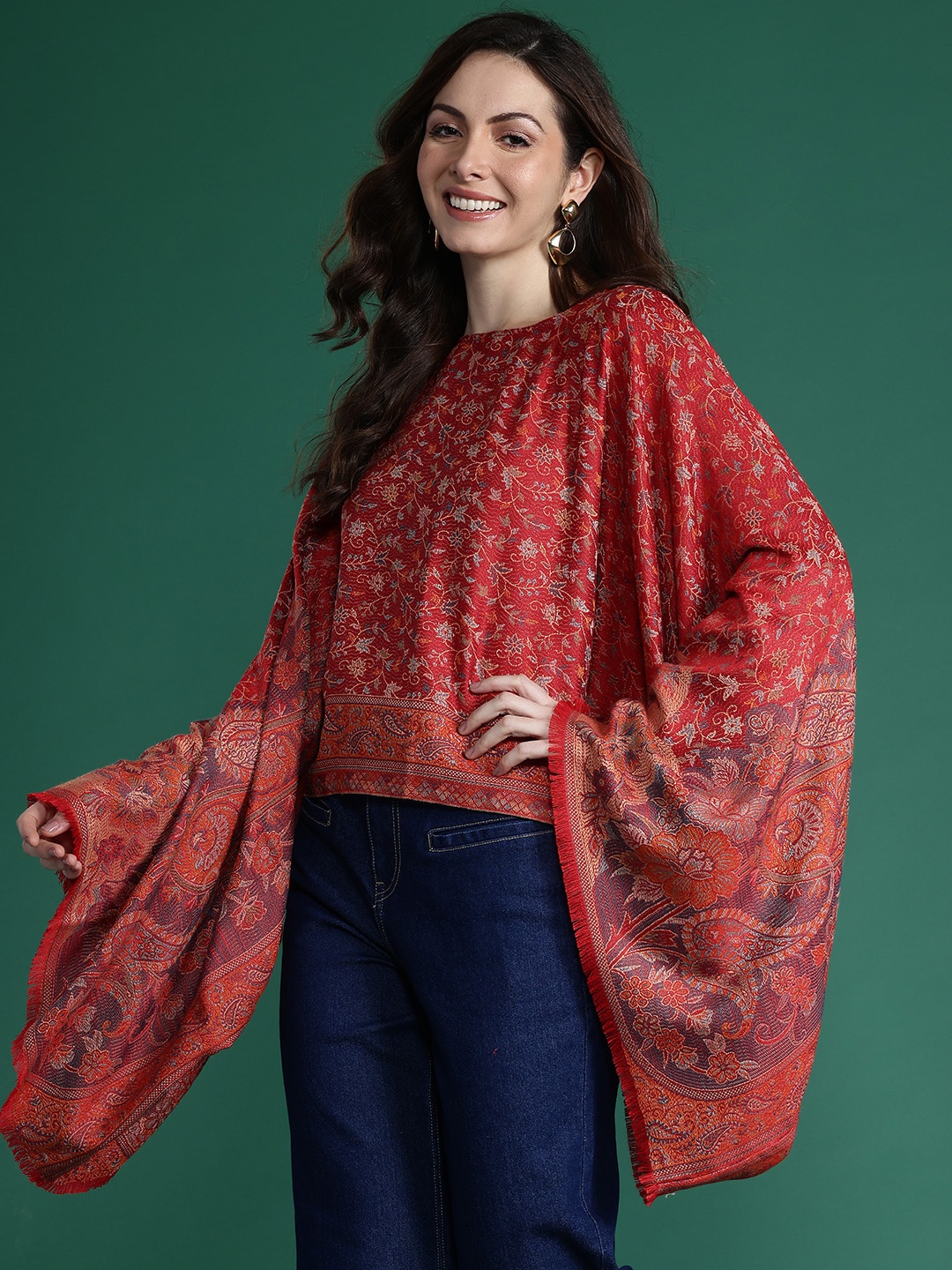 

Sangria Indie Floral Woven Design Flared Kimono Sleeve Kaftan Top, Maroon