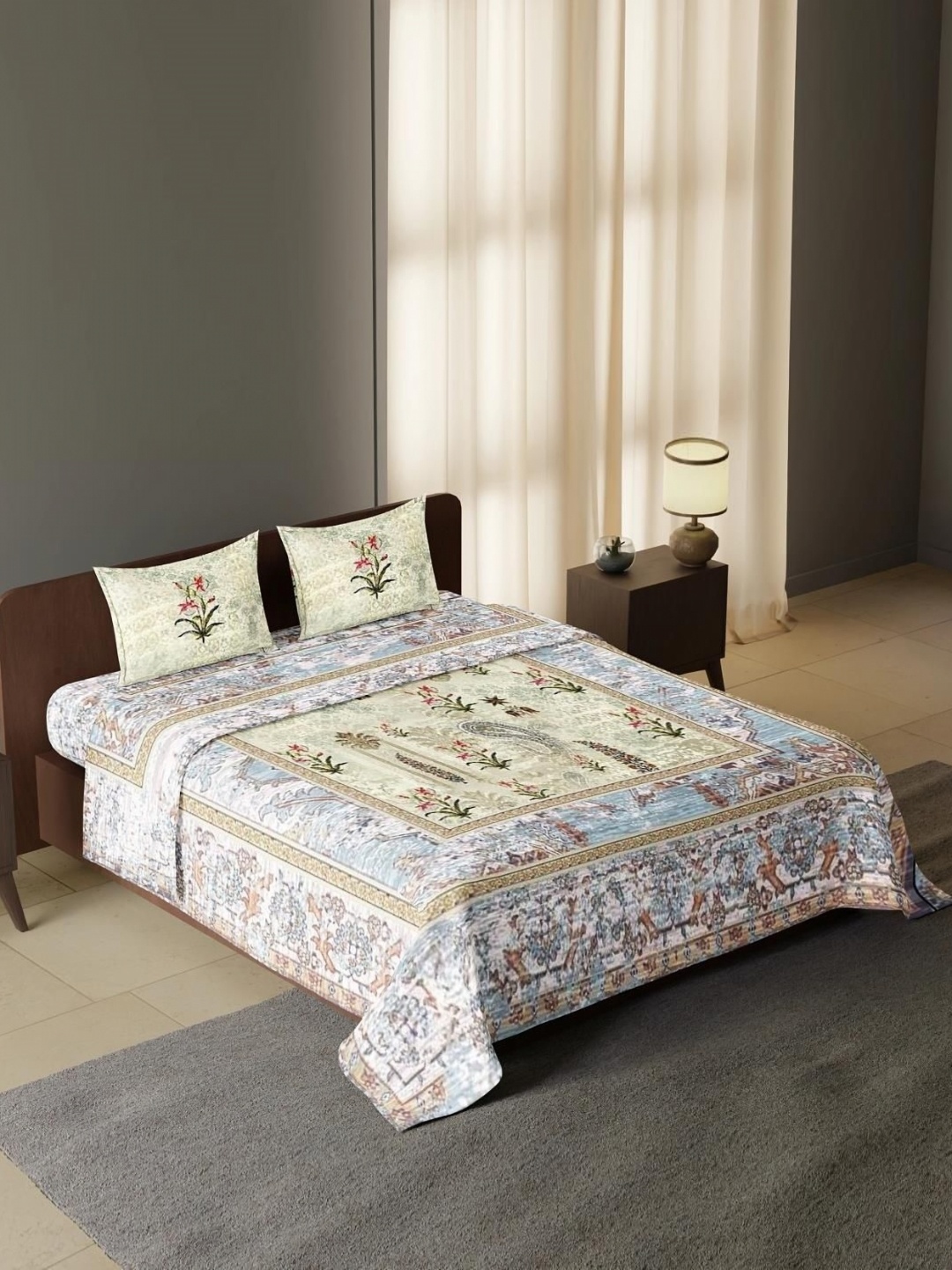 

Synergized Cotton Green & Brown Ethnic Motifs Cotton 300 TC King Bedsheet Set-2.74mx2.74m