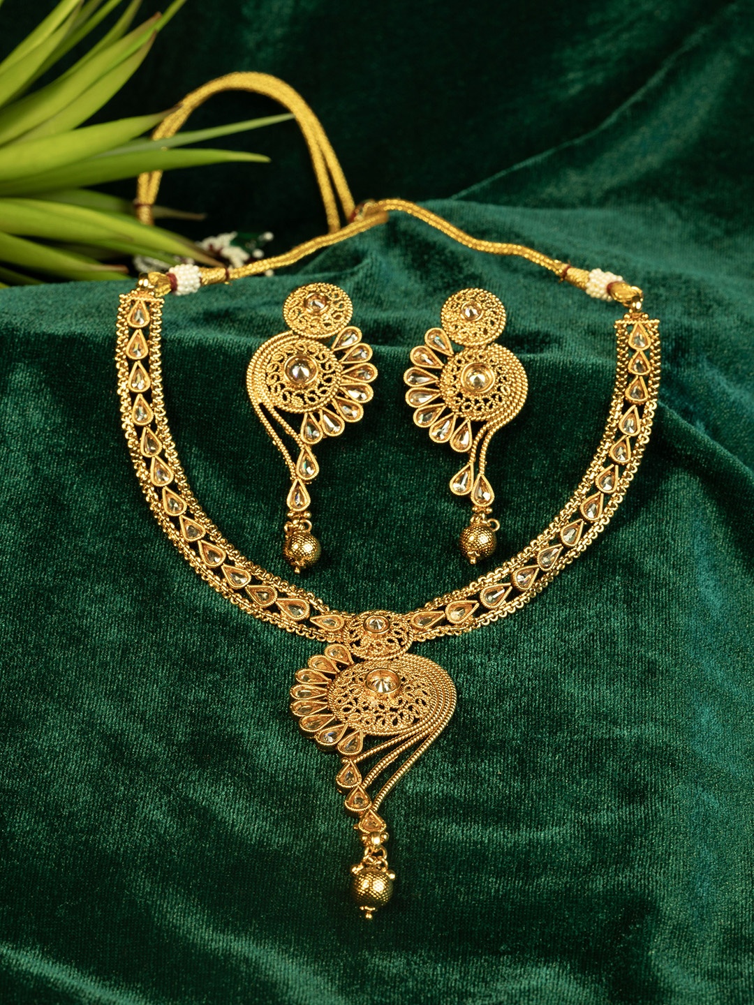 

GOLD CASH 22K Gold Plated Stone Studded & Beaded Anti-Tarnish Necklace and Earrings