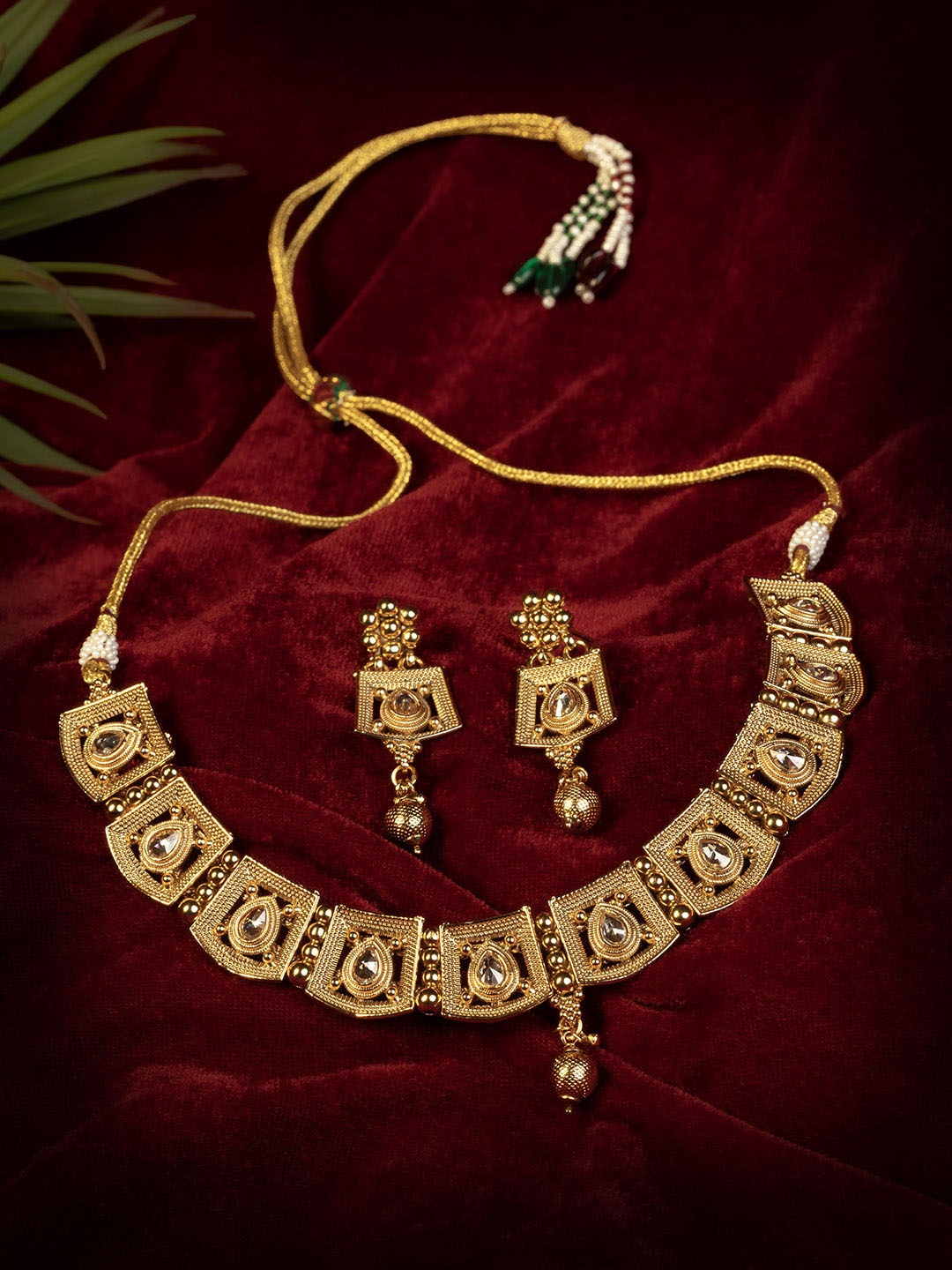 

GOLD CASH 22k Gold-Plated Stone-Studded Anti-Tarnish Necklace and Earrings