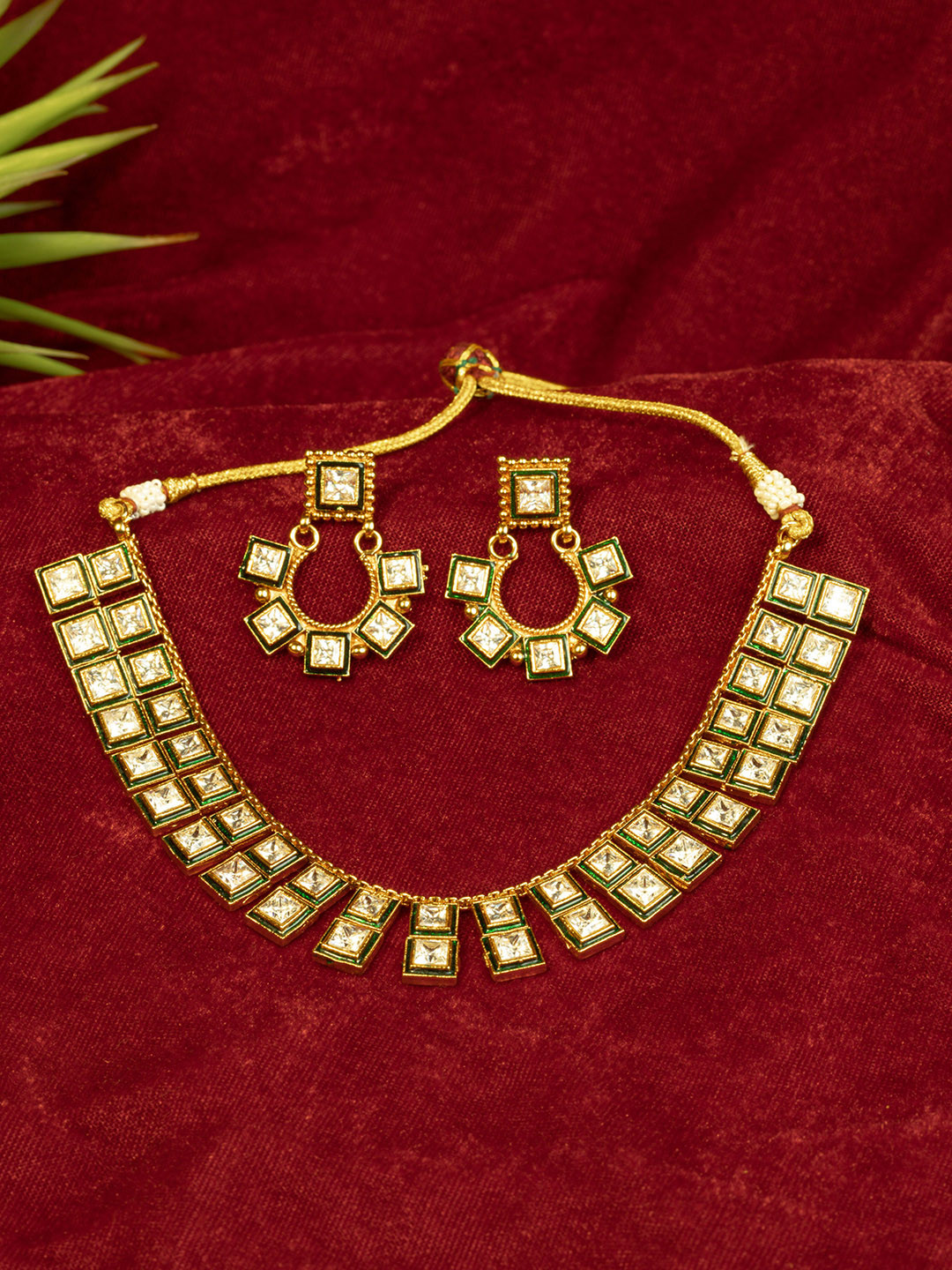 

GOLD CASH Gold Plated Stone Studded & Beaded Anti-Tarnish Necklace and Earrings