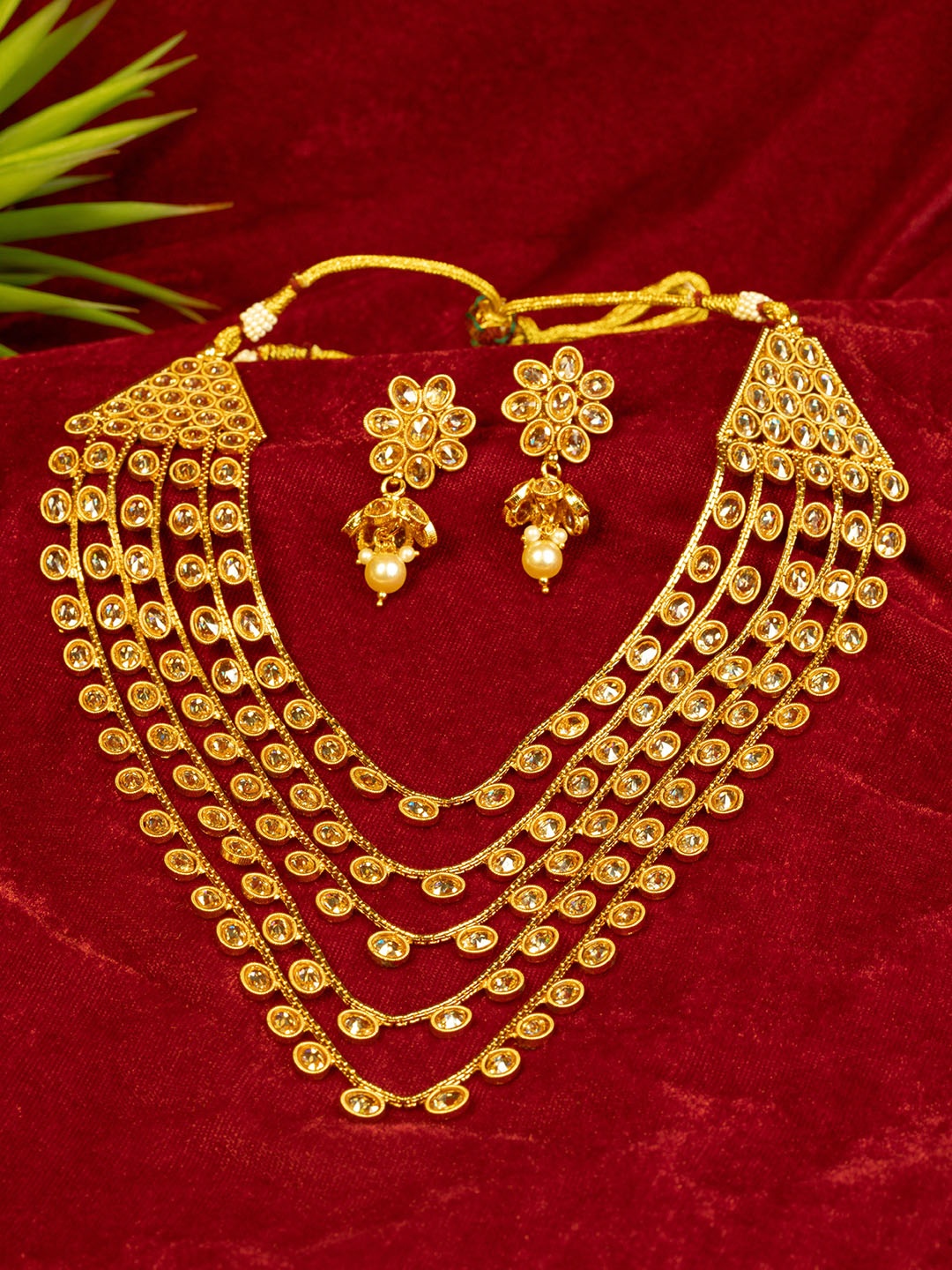 

GOLD CASH Gold-Plated American Diamond Stone-Studded Layered Jewellery Set