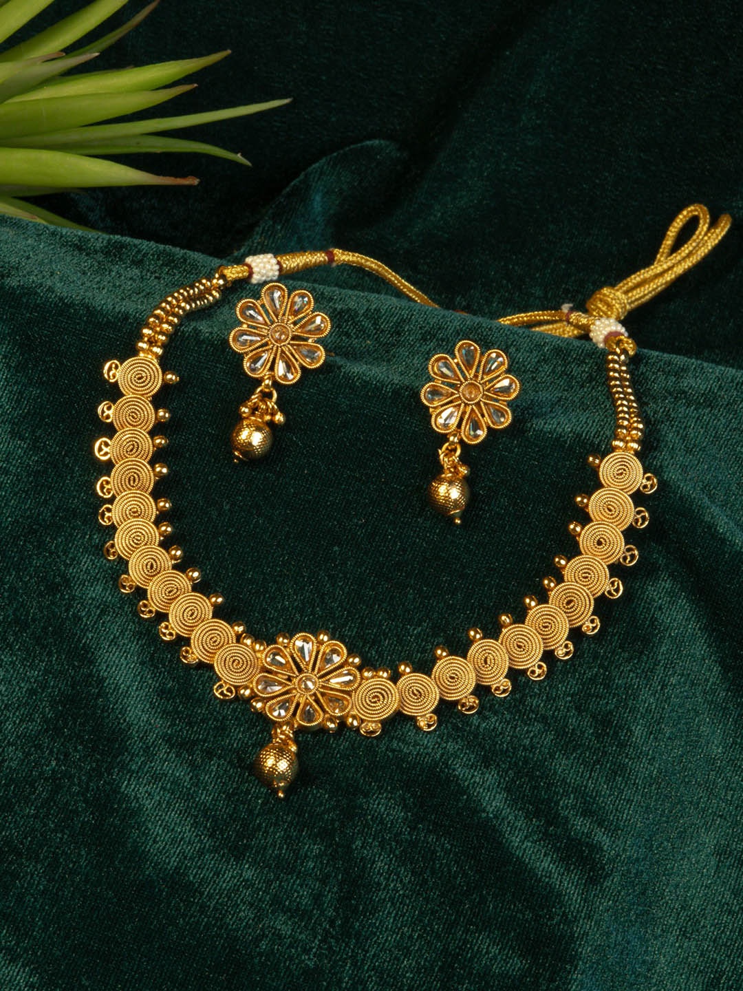 

GOLD CASH 22k Gold Plated Stone Studded & Beaded Anti-Tarnish Necklace and Earrings