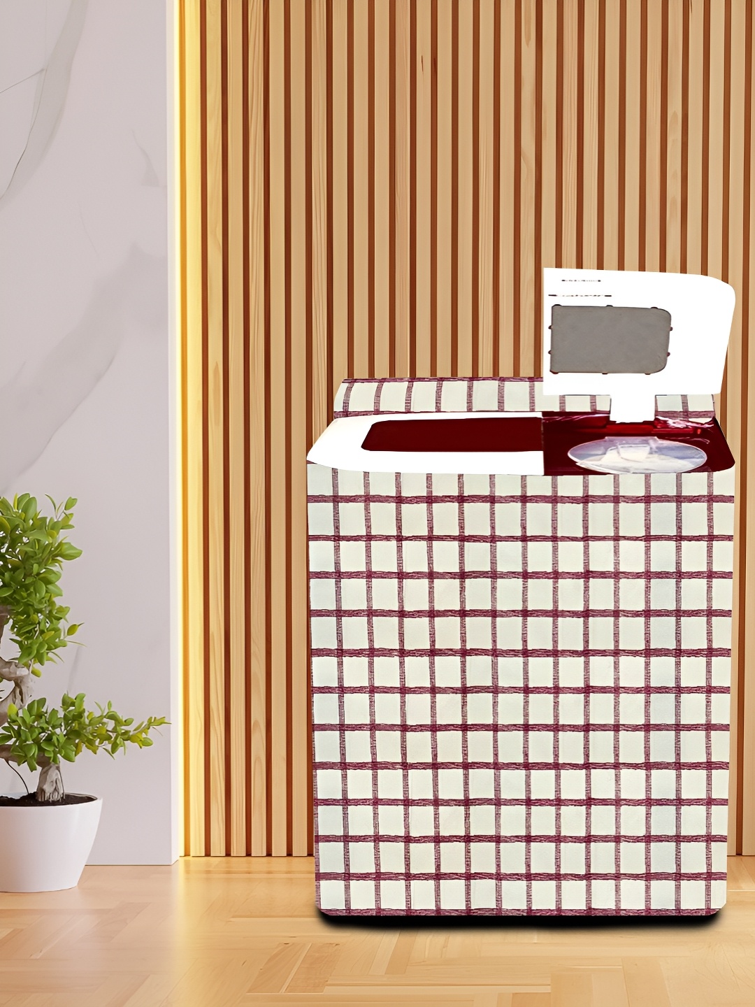 

KANUSHI INDUSTRIES Off White & Maroon Checked Top Load Washing Machine Cover