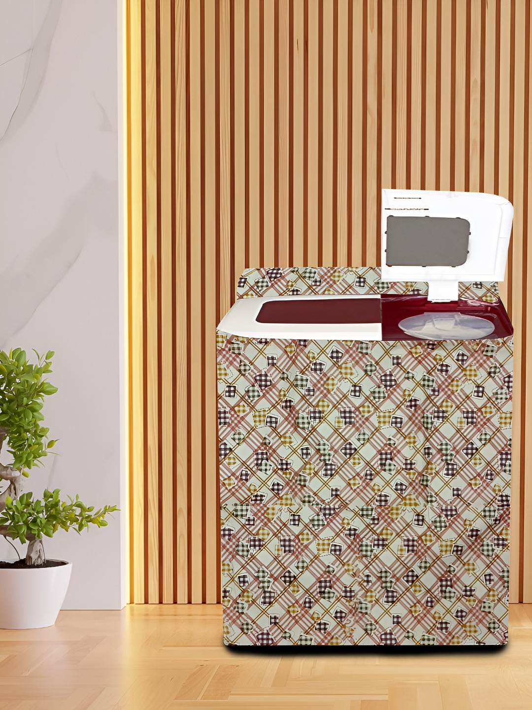 

KANUSHI INDUSTRIES Beige & Mustard Printed Washing Machine Cover
