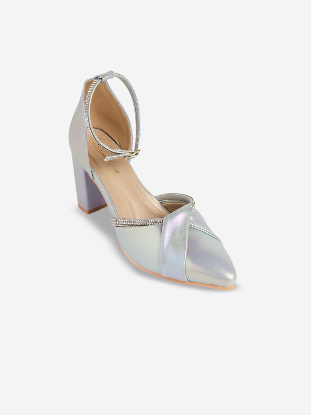 

PURPLEHUNT Women Pointed Toe Block Heeled Sandals, Silver