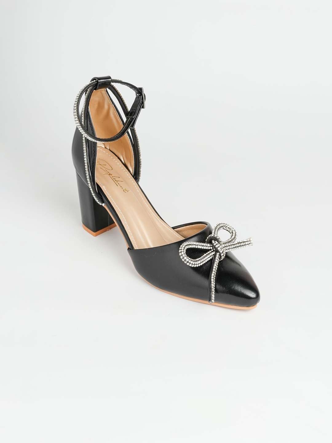 

PURPLEHUNT Women Embellished Pointed Toe Block Heel Sandals with Bows, Black