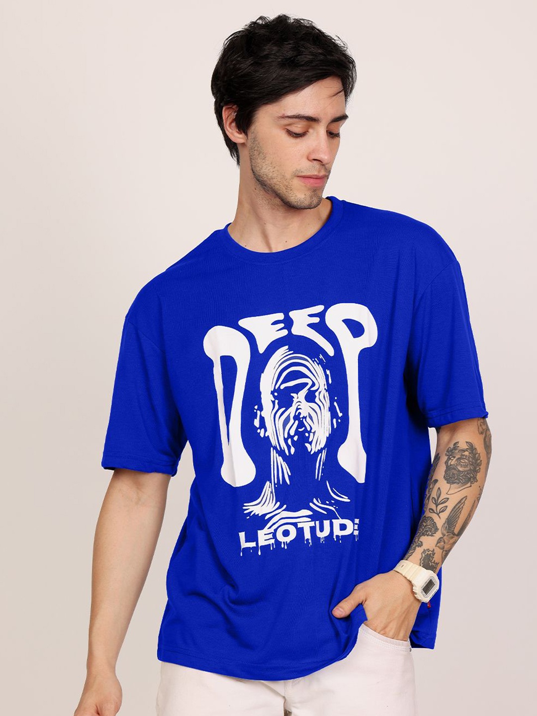 

Leotude Men Graphic Printed Round Neck Cotton Oversized T-shirt, Blue