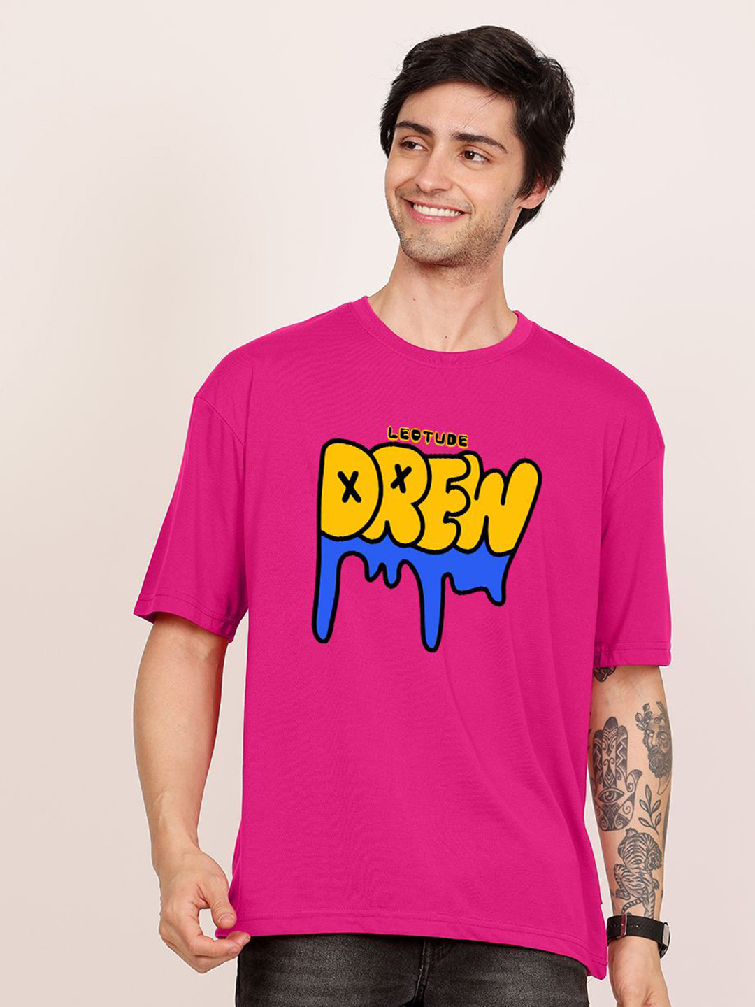 

Leotude Men Typography Printed Round Neck Cotton Oversized T-shirt, Pink