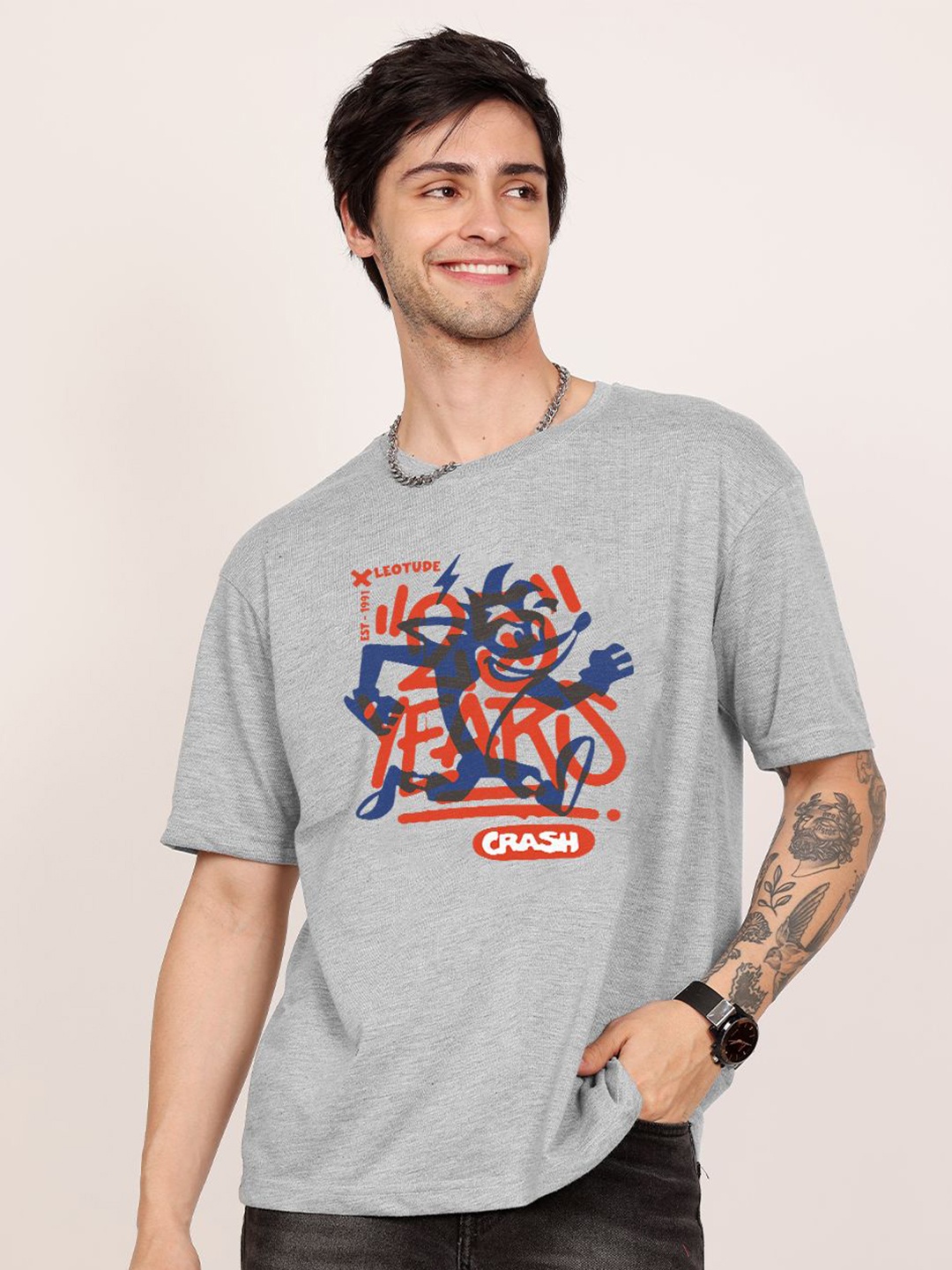 

Leotude Men Graphic Printed Round Neck Cotton Oversized T-shirt, Grey