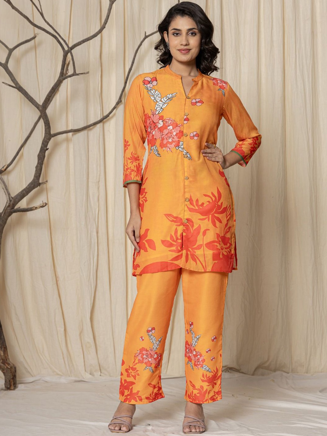 

VEDANA Printed Mandarin Collar Tunic With Trouser, Orange