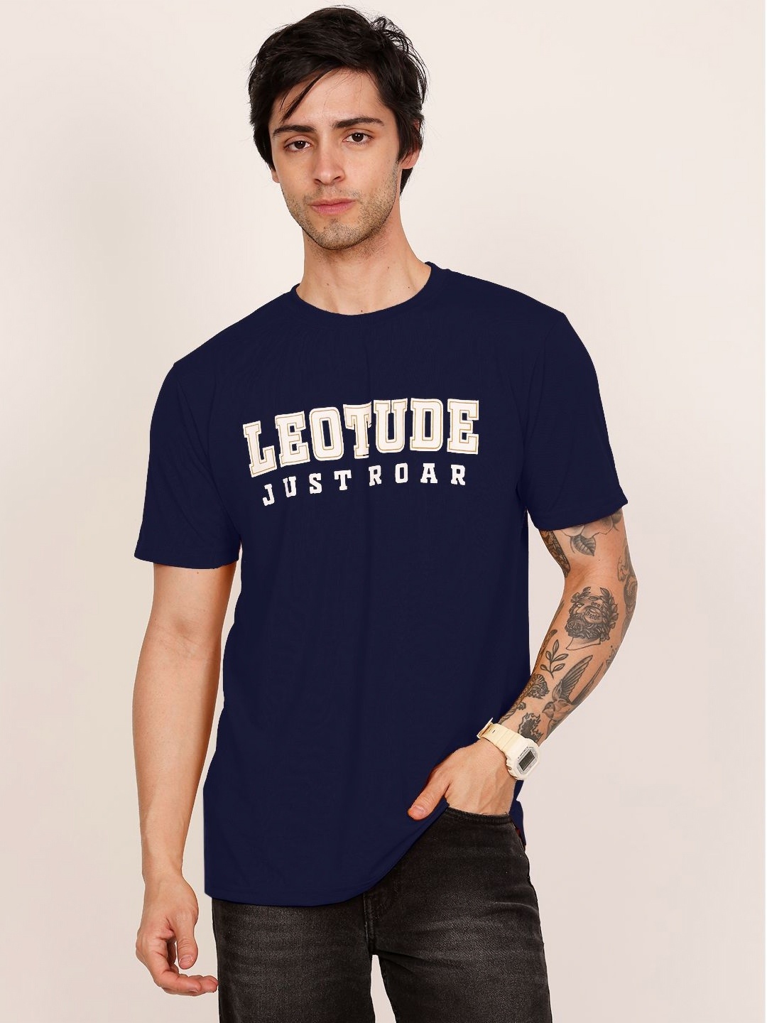 

Leotude Men Typography Printed Round Neck Cotton T-shirt, Navy blue