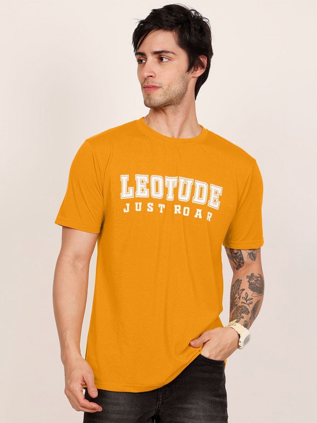 

Leotude Men Typography Printed Round Neck Cotton T-shirt, Mustard