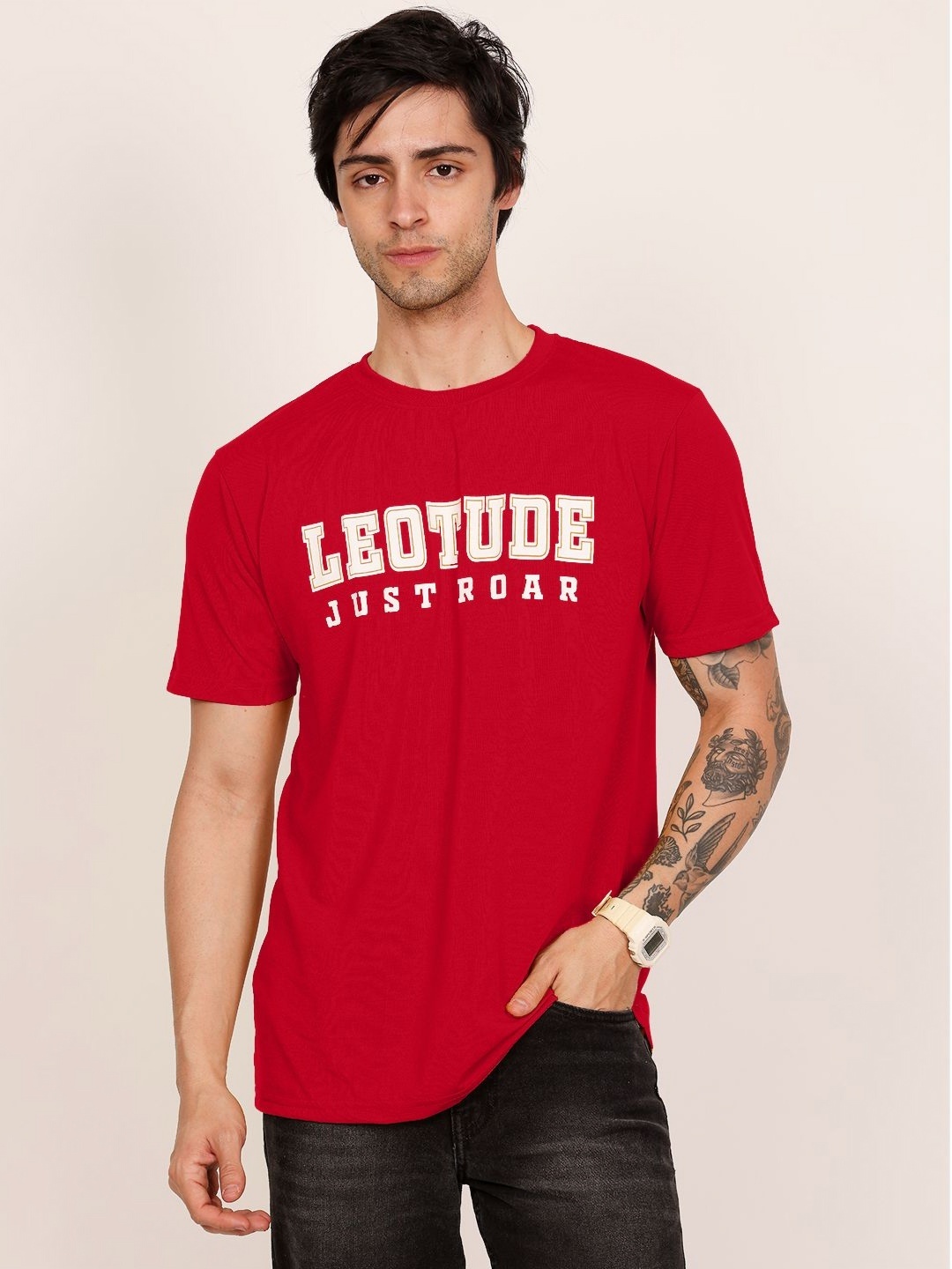 

Leotude Men Typography Printed Round Neck Cotton T-shirt, Red