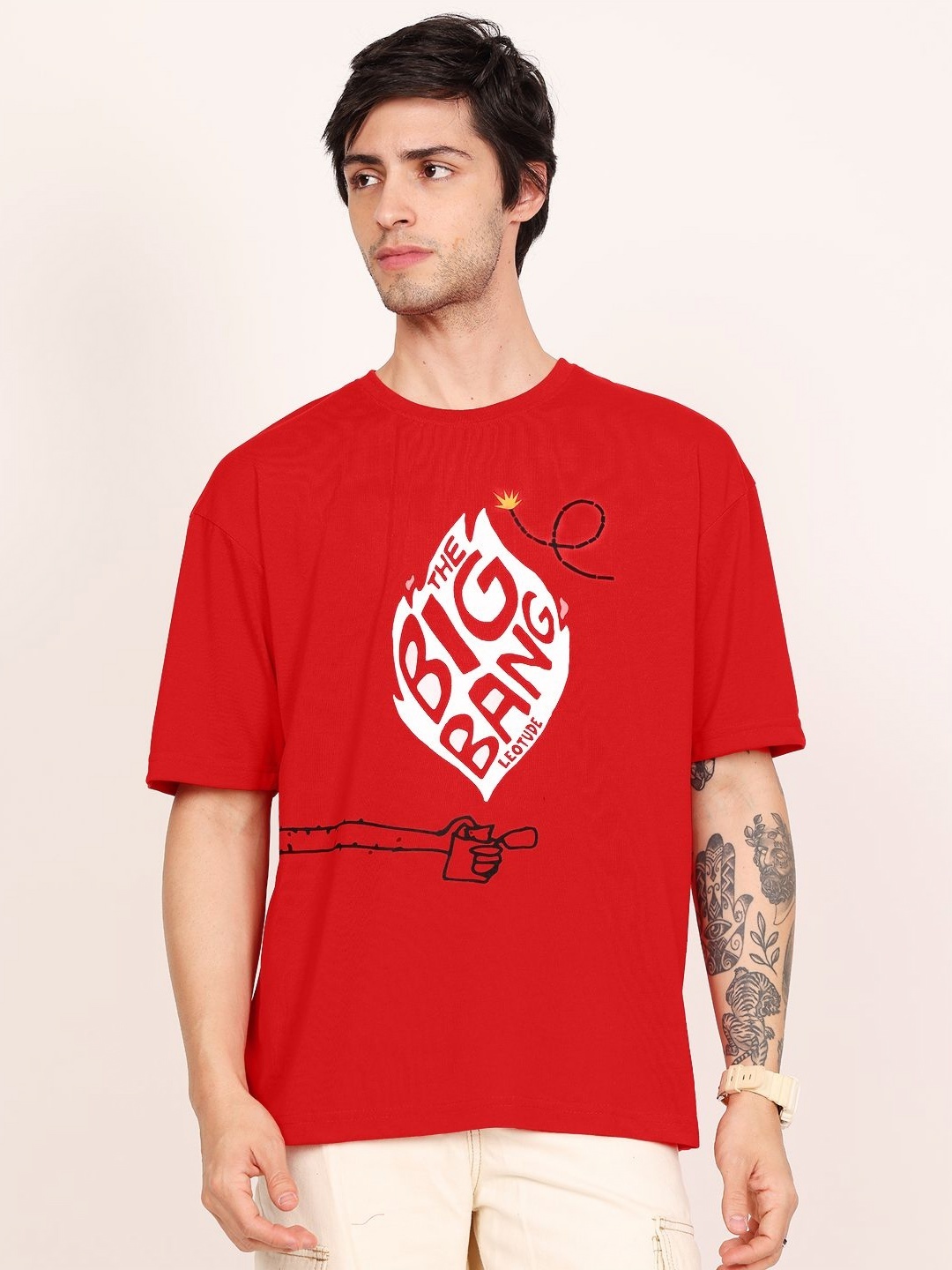 

Leotude Men Graphic Printed Round Neck Cotton Oversized T-shirt, Red
