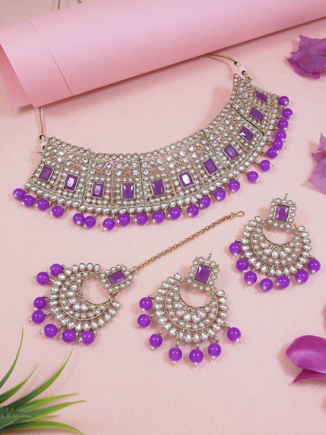 

I Jewels Gold-Plated Artificial Stones and Beads Studded & Beaded Jewellery Set