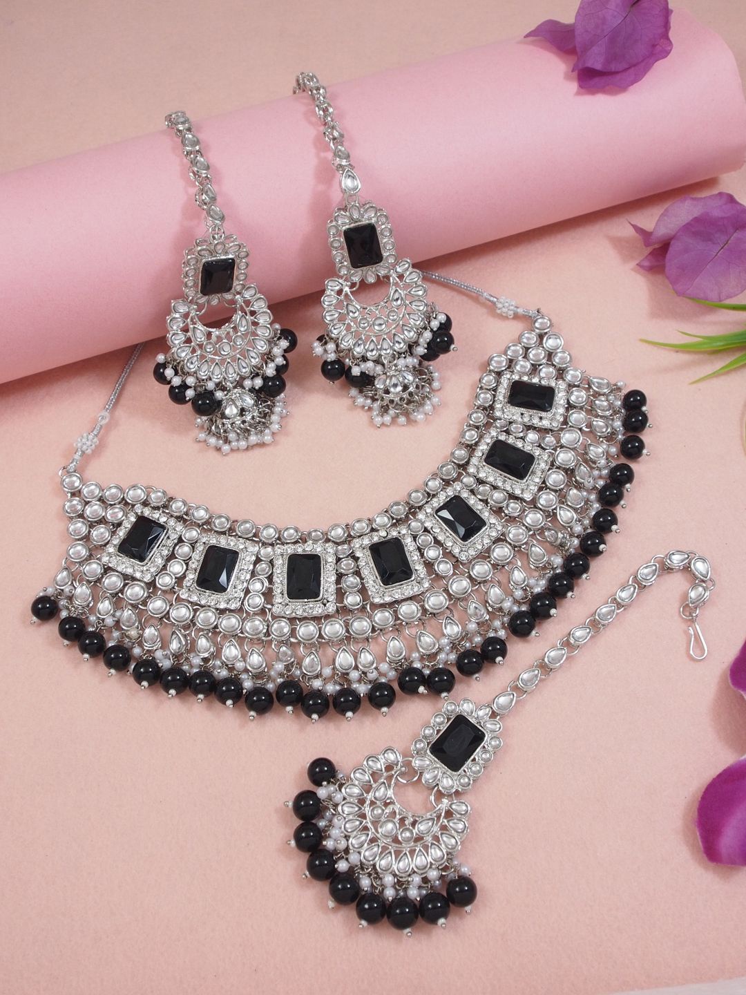 

I Jewels Silver-Plated Artificial Stones and Beads Studded & Beaded Jewellery Set