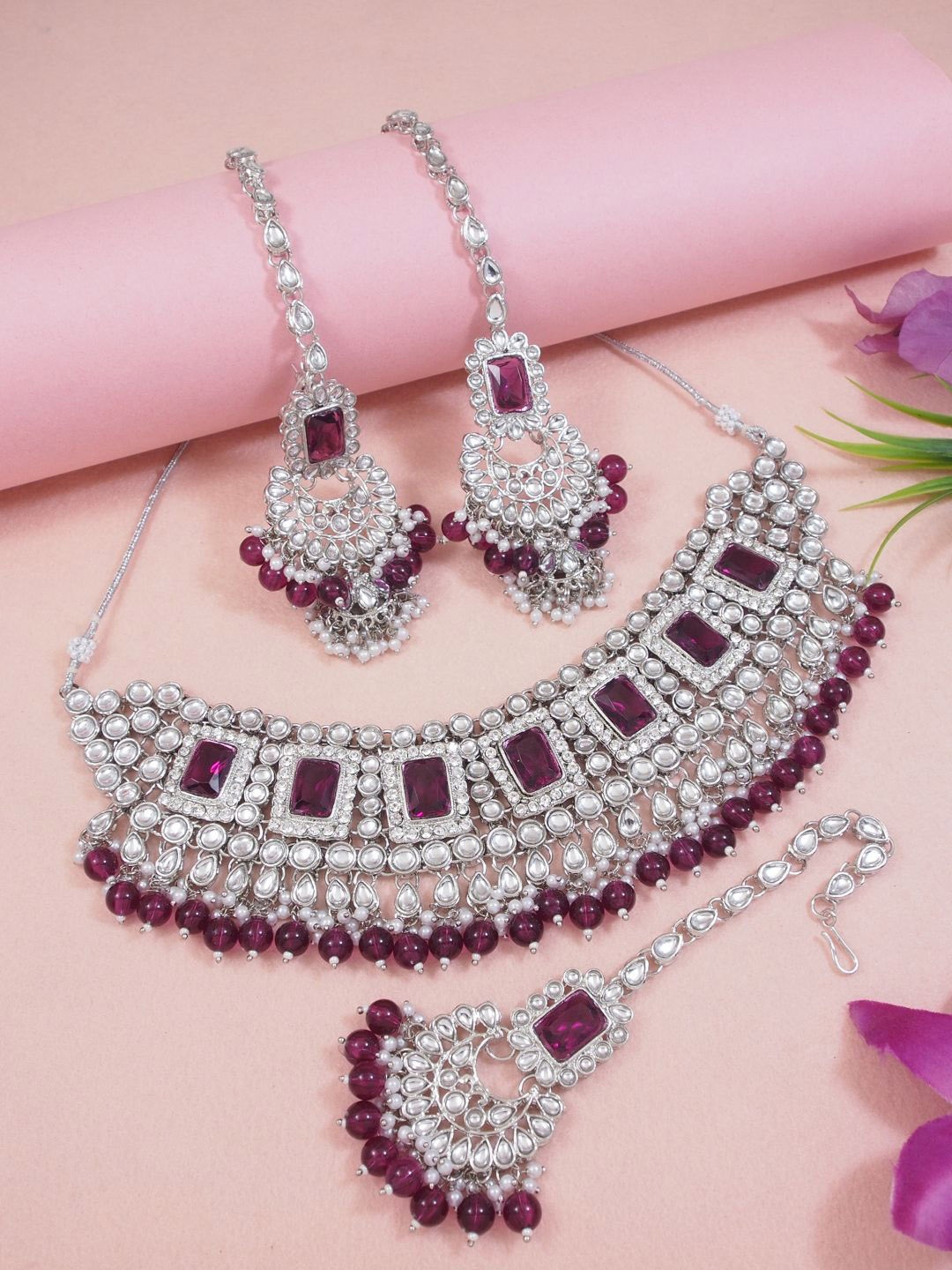 

I Jewels Silver Plated Kundan & Pearls Studded & Beaded Jewellery Set