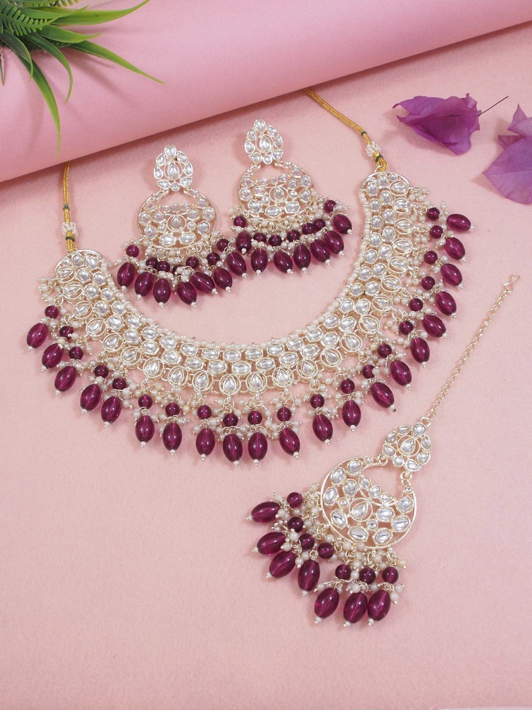 

I Jewels Gold-Plated Artificial Stones and Beads Studded & Beaded Jewellery Set