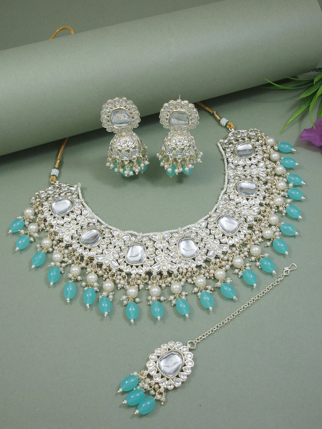 

I Jewels Gold Plated Artificial Stones and Beads Studded & Beaded Jewellery Set