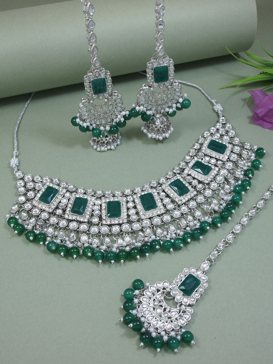 

I Jewels Silver Plated Artificial Stones and Beads Studded & Beaded Jewellery Set