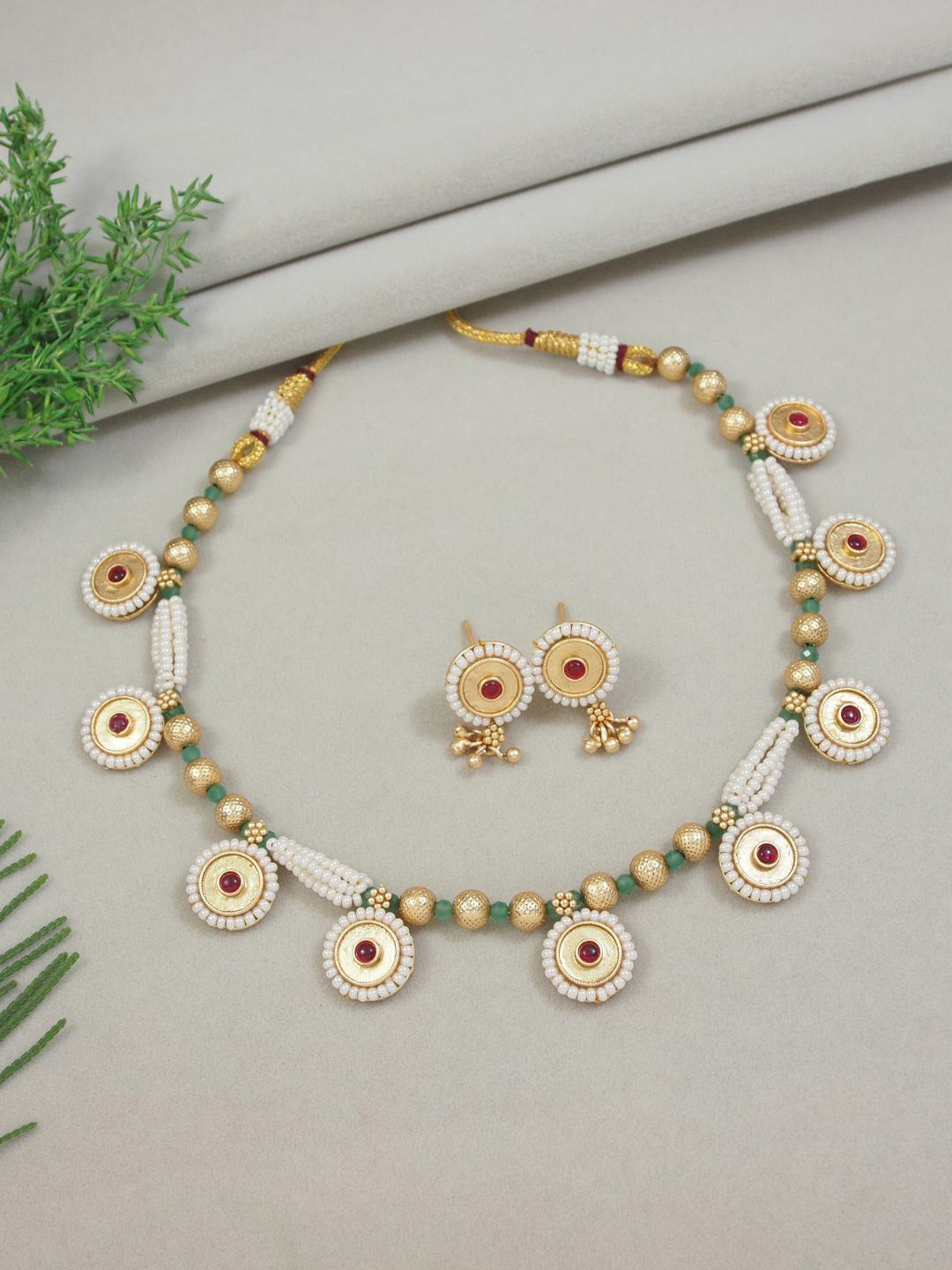 

I Jewels Gold Plated Artificial Stones & Ruby Studded & Beaded Traditional Jewellery Set