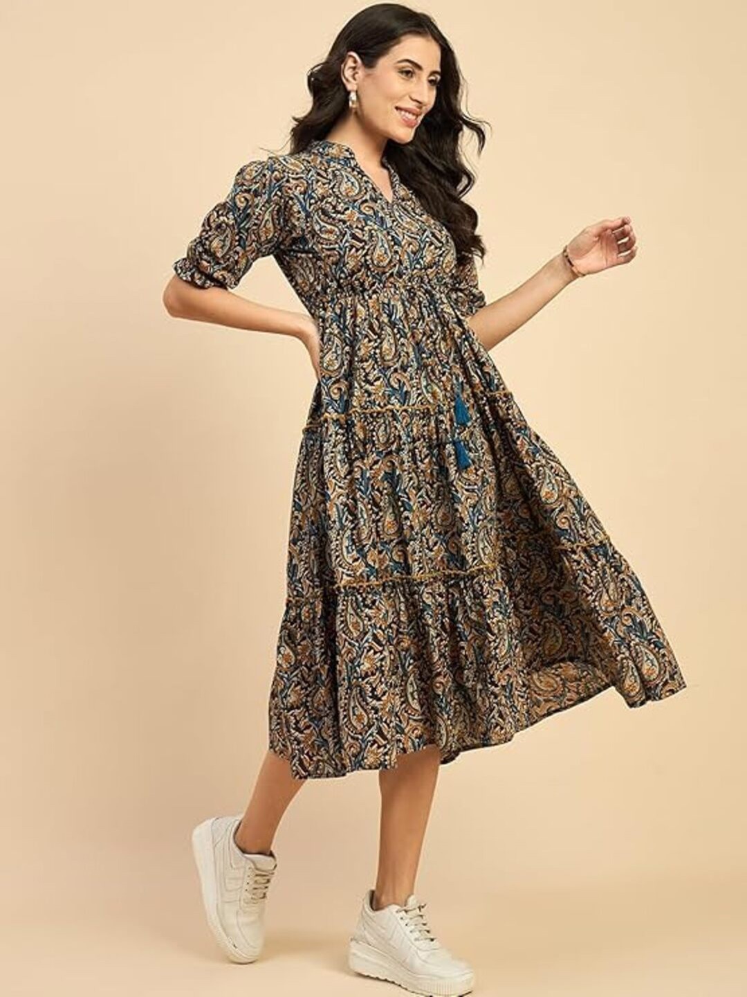 

Kurtari Women Ethnic Motifs Printed Fit & Flare Midi Dress, Black