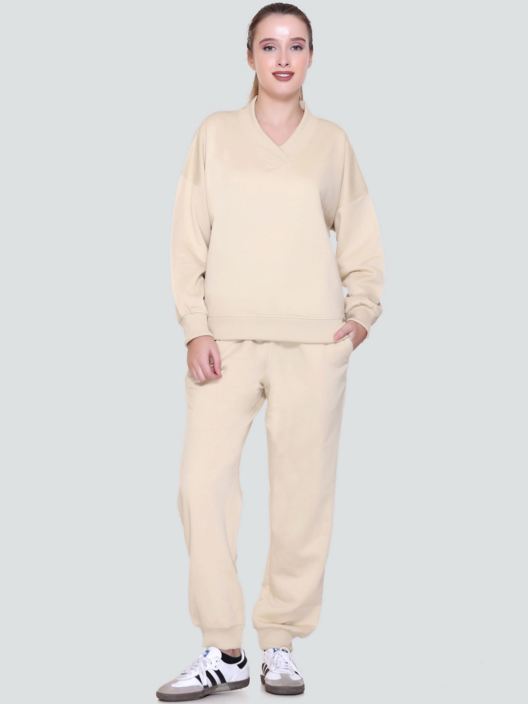 

BAESD Women V-Neck Mid-Rise Tracksuit, Beige