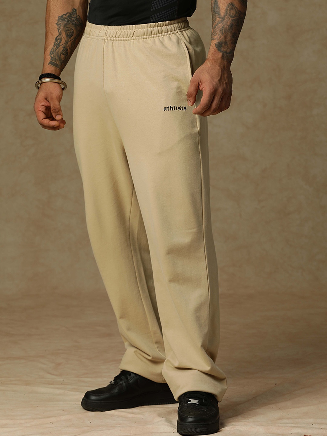 

ATHLISIS Men Cotton Relaxed-Fit Track Pants, Beige