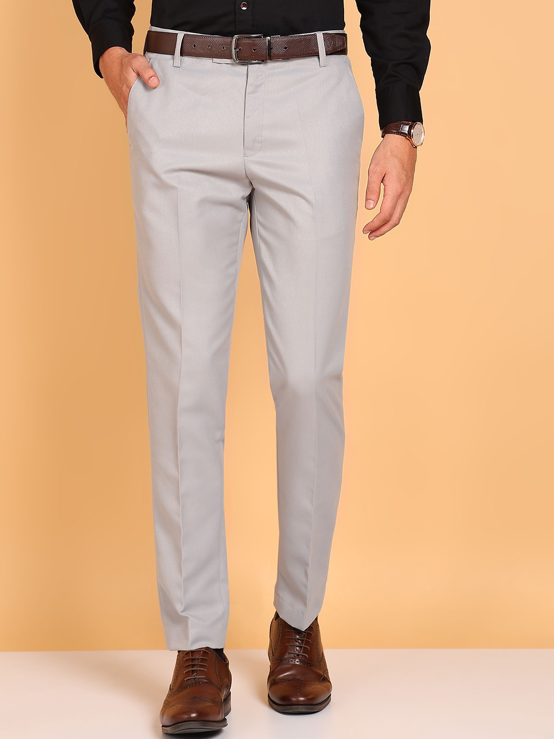 

Cyphus Men Smart Slim Fit Mid-Rise Formal Trousers, Grey